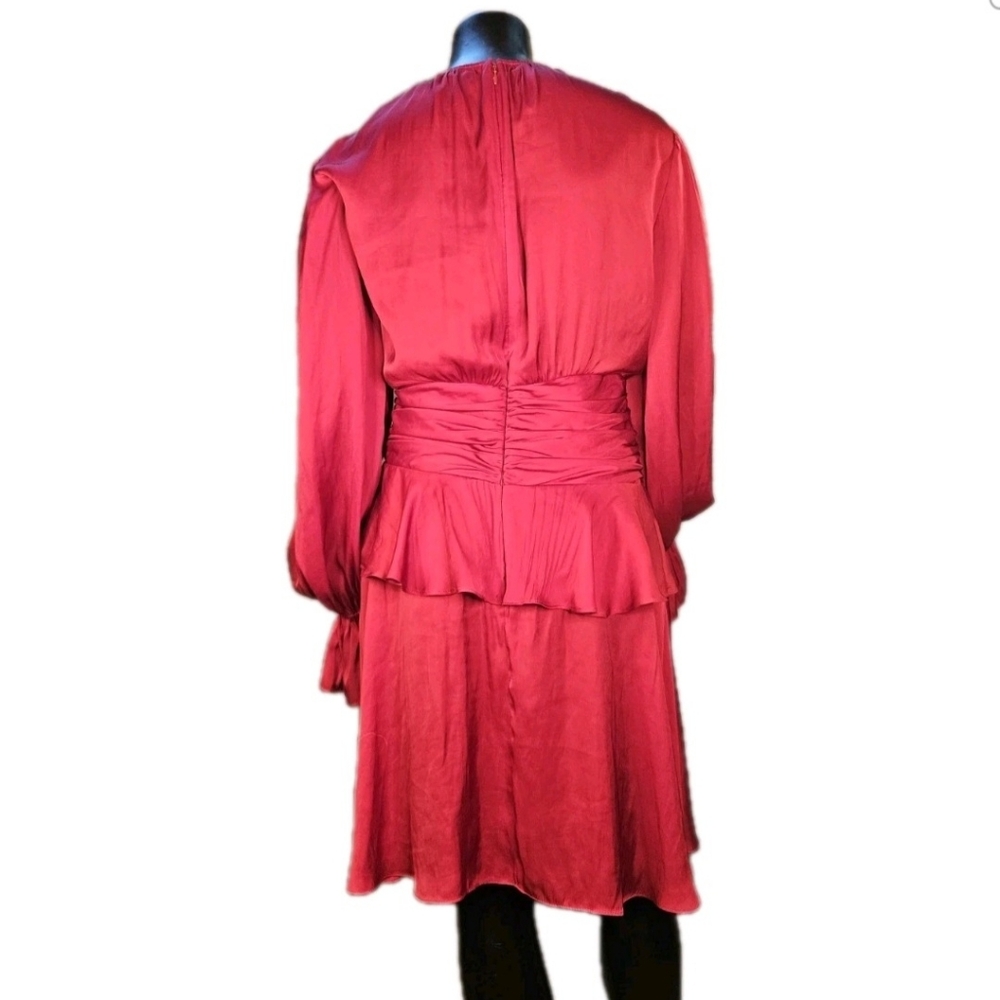 Ramy Brook Roman Size 8 True Red Long Sleeve Satin Ruffle Mini Cocktail Dress - Picture 3 of 6